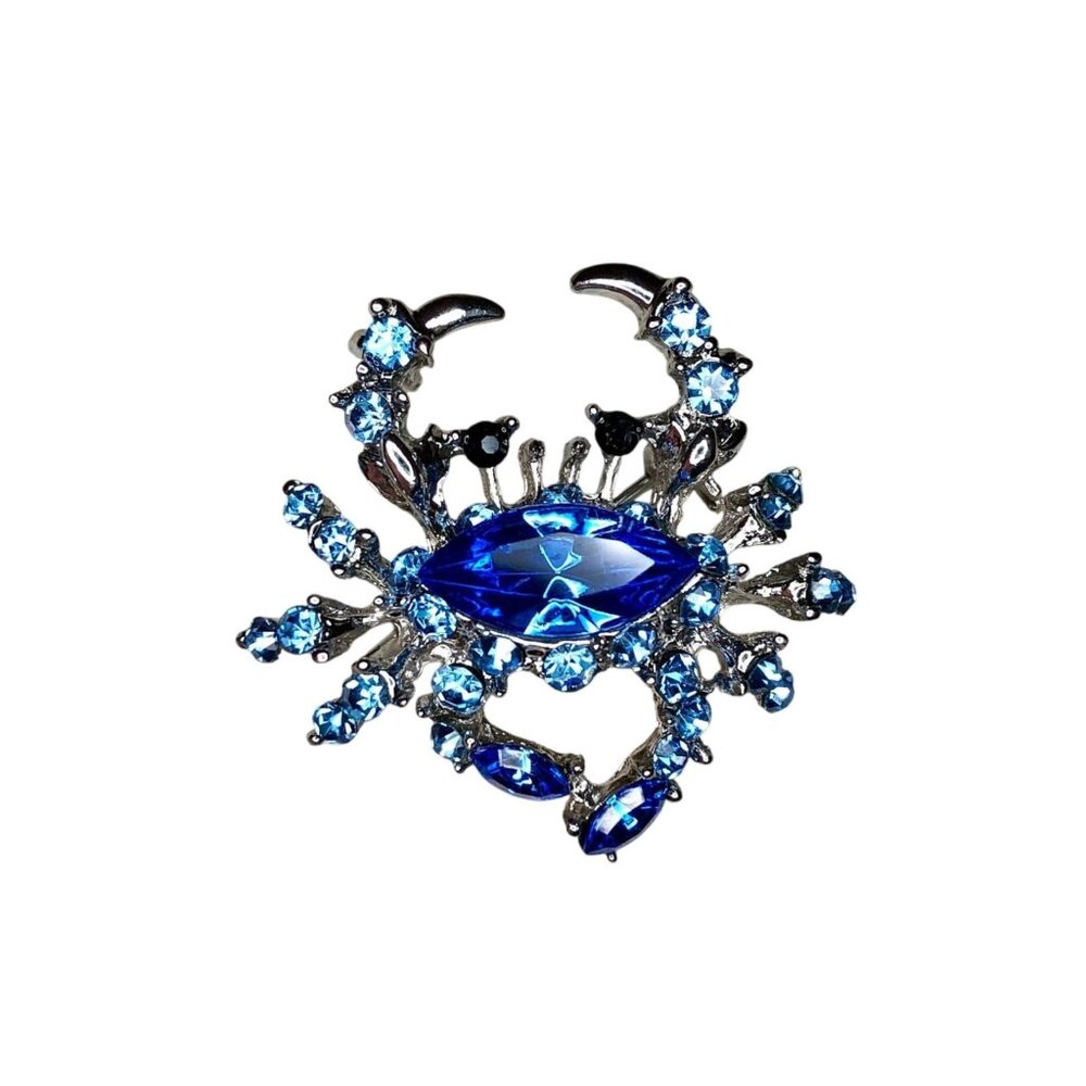 Crab Brooch Pin Zodiac Cancer  Blue Rhinestone Beachy Horoscope Birthday